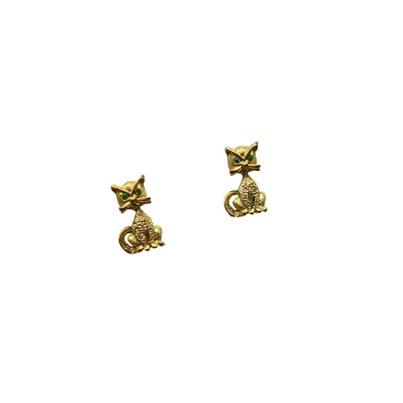 Vintage Gold Tone Cat Earrings Studs with Green Eyes Pierced Small Kitty Cat - Picture 1 of 6